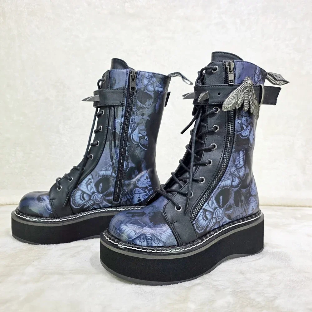 NIB NEW DEMONIA Emily Death Moth Skull Graphic Platform Goth Punk Mid Calf Boots - Picture 12 of 16